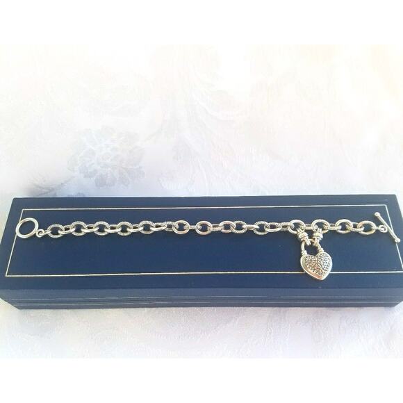 Sterling Silver & .25 ct  Diamond Toggle Bracelet, Linked, Heart Charm Pendant - Picture 1 of 7